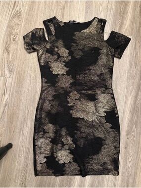 Black and Gold Cold-Shoulder Mini Dress